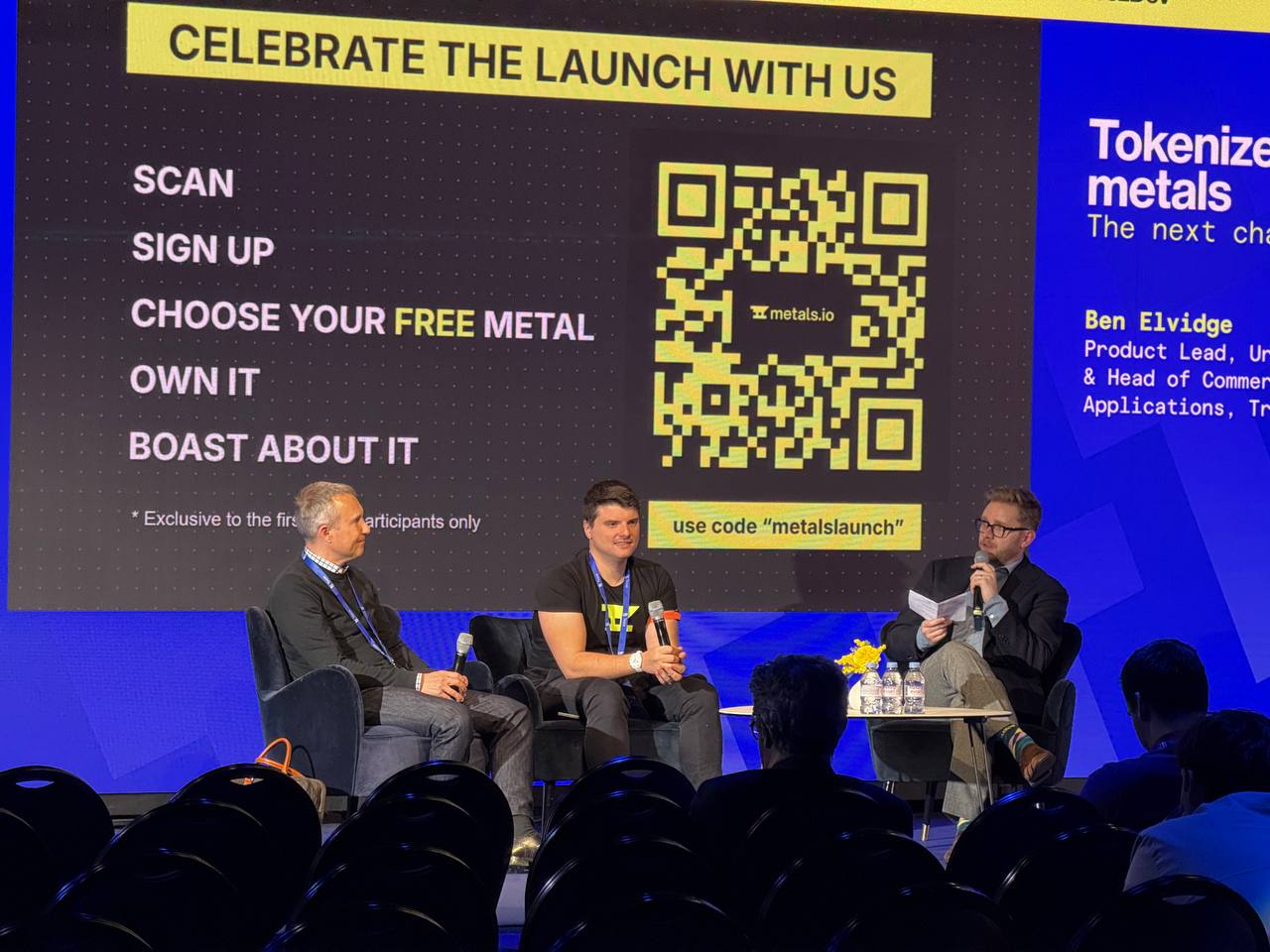 Three-panelist fireside chat at TezDev 2026 - Commodities Trading, Evolved - with Giorgio on stage